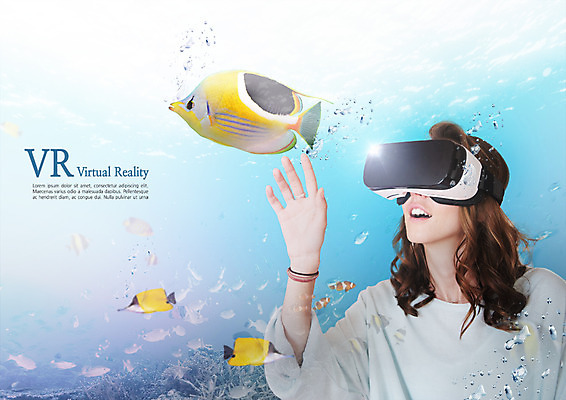 PSD 서양인 편집 편집이미지 여자 스마트라이프 한명 20대 성인 바닷속 스마트 열대어 3D안경 가상현실 VR기기 이미지편집 외국인 1 라이프스타일 안경 컨셉 어류 사람 청년 수중 기계 파일형식
