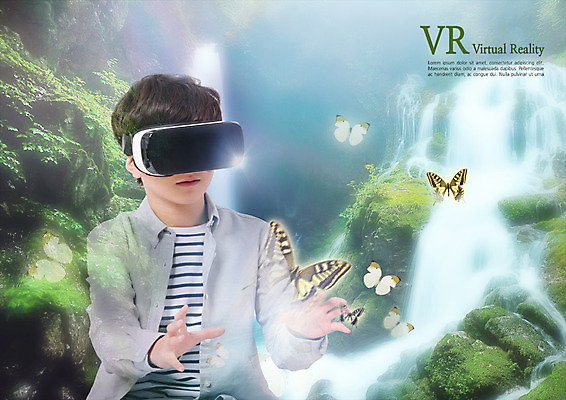 PSD 편집 편집이미지 남자 어린이 나비 스마트라이프 한명 계곡 한국인 스마트 3D안경 가상현실 VR기기 이미지편집 1 라이프스타일 안경 곤충 컨셉 사람 동양인 기계 파일형식