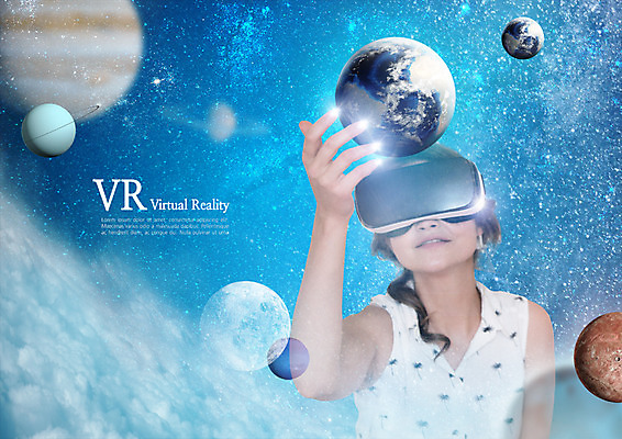 PSD 서양인 편집 편집이미지 여자 지구 스마트라이프 한명 20대 성인 우주 행성 스마트 3D안경 가상현실 VR기기 이미지편집 외국인 1 라이프스타일 안경 컨셉 사람 청년 기계 파일형식