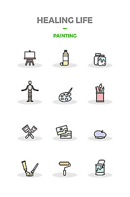 아이콘 사람없음 세트 페인트 물감 도구 붓 이젤 그림 힐링 관절인형 페인트롤러 빵모자 2D아이콘 AI파일 모자_잡화 인형 미술도구 파일형식 벡터