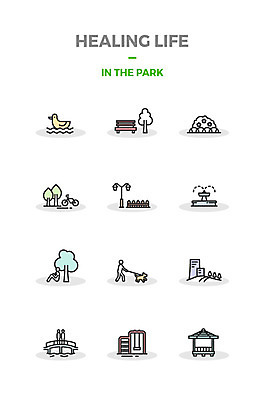 나무 아이콘 공원 가로등 벤치 휴식 오리 세명 세트 자전거 산책 놀이터 분수 정자 힐링 화단 가교 2D아이콘 AI파일 식물 건축물 공공시설 컨셉 의자 놀이 조류 사람 바이크 파일형식 벡터