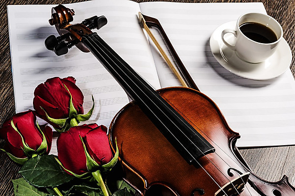 포토 JPG 해외이미지 커피 사람없음 장미 우아함 커피잔 바이올린 악보 나무바닥 바이올린활 차받침대 해외202004 해외포토 꽃 음료 음악 컨셉 현악기 잔 바닥 받침대 파일형식 이미지허브