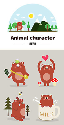 나무 동물 캐릭터 동물캐릭터 여러마리 일러스트 곰 나뭇잎 산 사람없음 태양 버섯 우유 하트 숲 벌 일러캐릭터 AI파일 자연요소 모양 식물 다수 곤충 잎 포유류 유제품 파일형식 벡터