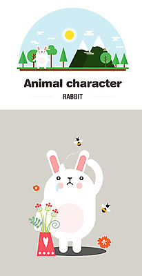 나무 동물 캐릭터 한마리 꽃 동물캐릭터 일러스트 산 사람없음 태양 토끼 벌 일러캐릭터 AI파일 자연요소 식물 1 곤충 포유류 반려동물 파일형식 벡터