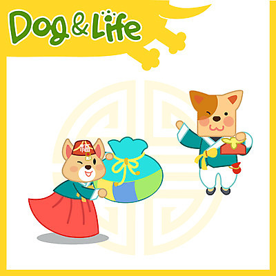 두마리 일러스트 새해 복주머니 사람없음 복 개 한복 신년캐릭터 2018년 무술년 국내일러스트 일러캐릭터 AI파일 캐릭터 한국전통 2 포유류 전통소품 한자 전통의상 연도 파일형식 벡터