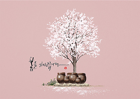 PSD 일러스트 캘리그라피 한글 사람없음 봄 벚꽃 항아리 감성 국내일러스트 문자 계절 꽃 컨셉 도자기 파일형식