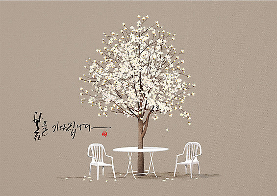 PSD 의자 일러스트 캘리그라피 한글 사람없음 봄 감성 목련 원형탁자 국내일러스트 문자 계절 꽃 가구 컨셉 탁자 파일형식