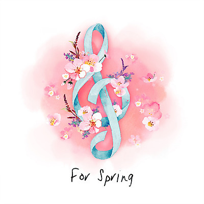 PSD 꽃 리본 꽃무늬 음표 일러스트 수채화 사람없음 봄 높은음자리표 감성 파스텔톤 국내일러스트 식물 기호 계절 음악 컬러 컨셉 무늬 파일형식