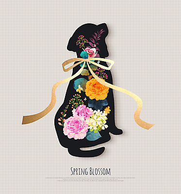 PSD 동물 꽃 리본 꽃무늬 일러스트 사람없음 봄 강아지 국내일러스트 식물 계절 무늬 반려동물 개 파일형식