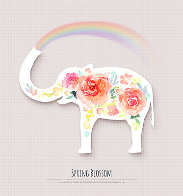 PSD 동물 꽃 무지개 꽃무늬 일러스트 코끼리 수채화 사람없음 봄 국내일러스트 자연요소 식물 계절 무늬 포유류 파일형식