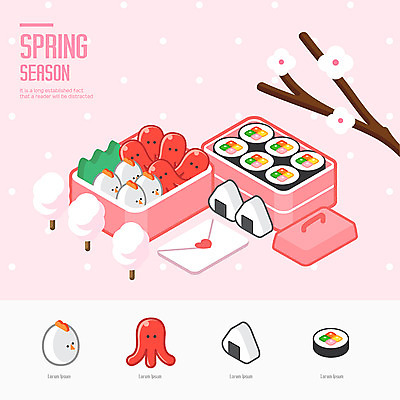 분홍색 일러스트 사람없음 소풍 봄 벚꽃 소시지 편지 입체 김밥 도시락 메추리알 아이소메트릭 삼각김밥 국내일러스트 계절 꽃 음식 컬러 야외활동 알 가공식품