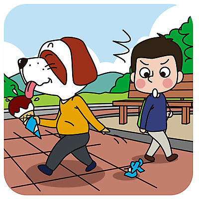 한마리 공원 남자 일러스트 아이스크림 의인화 한명 성인 예절 개 쓰레기 먹기 버리기 공공장소 매너 국내일러스트 AI파일 1 공공시설 포유류 모션 디저트 사람 장소 파일형식 벡터