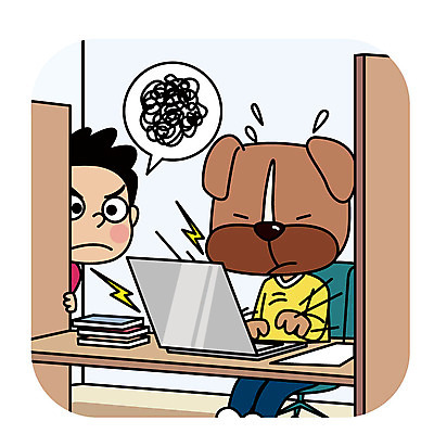한마리 남자 일러스트 의인화 한명 성인 노트북 소리 예절 개 도서관 독서실 시끄러움 소음 공공장소 매너 국내일러스트 AI파일 1 교육 포유류 사람 전자제품 장소 파일형식 벡터