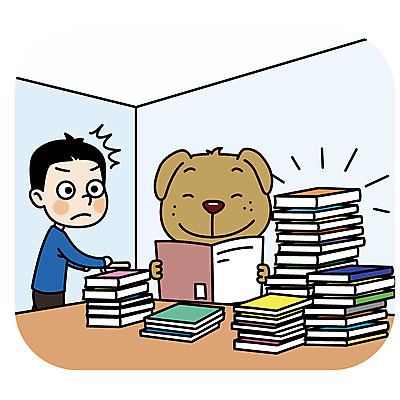 한마리 남자 일러스트 의인화 한명 성인 책 쌓기 예절 개 도서관 독서실 공공장소 매너 국내일러스트 AI파일 1 교육 포유류 모션 사람 장소 파일형식 벡터