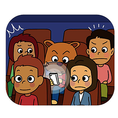 한마리 여자 남자 일러스트 의인화 여러명 성인 빛 스마트폰 예절 개 영화관 공공장소 매너 방해 국내일러스트 AI파일 1 다수 컨셉 포유류 사람 핸드폰 스마트기기 장소 극장 파일형식 벡터