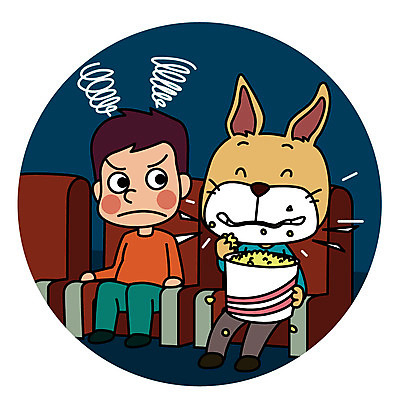 한마리 남자 일러스트 의인화 한명 성인 예절 개 영화관 먹기 팝콘 소음 공공장소 매너 방해 국내일러스트 AI파일 1 컨셉 포유류 모션 사람 소리 장소 극장 파일형식 벡터