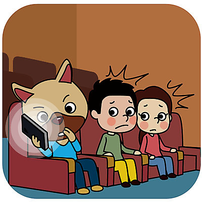 한마리 여자 남자 일러스트 의인화 성인 두명 빛 예절 개 영화관 통화 공공장소 매너 방해 국내일러스트 AI파일 1 컨셉 포유류 모션 사람 장소 극장 파일형식 벡터