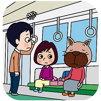 한마리 여자 남자 의자 가방 일러스트 의인화 성인 두명 피해 짐 예절 개 전철 공공장소 매너 국내일러스트 AI파일 1 잡화 육상교통 가구 포유류 대중교통 사람 장소 파일형식 벡터