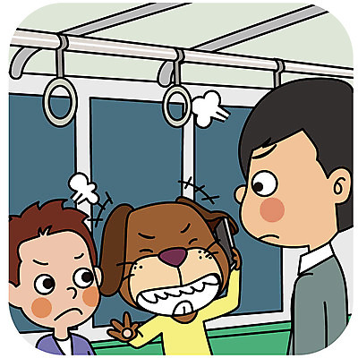 한마리 남자 일러스트 의인화 성인 두명 예절 개 전철 통화 시끄러움 소음 공공장소 매너 국내일러스트 AI파일 1 육상교통 포유류 모션 대중교통 사람 소리 장소 파일형식 벡터