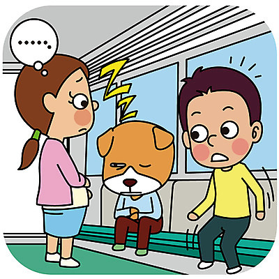 한마리 여자 남자 일러스트 의인화 성인 두명 임산부 피해 예절 잠 개 전철 양보 공공장소 매너 국내일러스트 AI파일 1 육상교통 포유류 대중교통 사람 임신 장소 배려 파일형식 벡터
