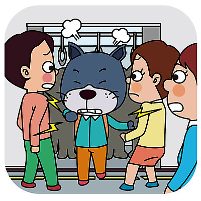 한마리 여자 남자 일러스트 의인화 성인 세명 예절 개 전철 밀기 공공장소 매너 국내일러스트 AI파일 1 육상교통 포유류 모션 대중교통 사람 장소 파일형식 벡터