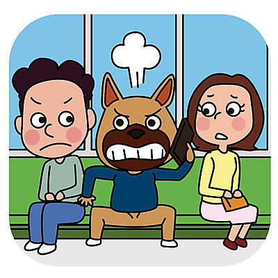 한마리 여자 남자 일러스트 의인화 성인 두명 예절 개 전철 다리벌리기 통화 시끄러움 소음 공공장소 매너 불편함 국내일러스트 AI파일 1 육상교통 포유류 모션 대중교통 사람 소리 장소 감각 파일형식 벡터