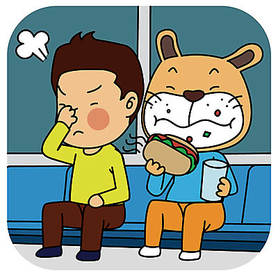 한마리 남자 음식 일러스트 의인화 한명 성인 피해 예절 개 전철 먹기 냄새 공공장소 매너 국내일러스트 AI파일 1 육상교통 포유류 모션 대중교통 사람 장소 파일형식 벡터