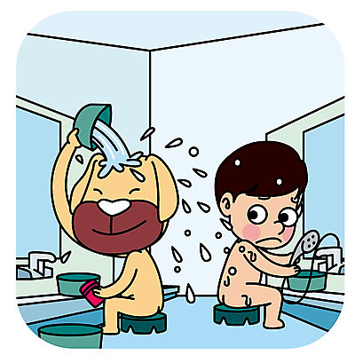 한마리 남자 일러스트 의인화 한명 성인 목욕탕 예절 개 튀는물 샤워기 공공장소 매너 물뿌리기 국내일러스트 AI파일 1 포유류 모션 사람 장소 액체표현 스플래쉬 파일형식 벡터