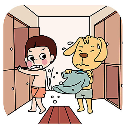 한마리 남자 일러스트 의인화 한명 성인 목욕탕 예절 개 사물함 공공장소 매너 먼지털기 털기 국내일러스트 AI파일 1 포유류 모션 사람 장소 파일형식 벡터