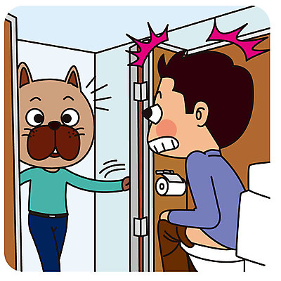 한마리 남자 일러스트 의인화 한명 성인 놀람 예절 개 화장실 공공장소 매너 노크 국내일러스트 AI파일 1 감정 포유류 표정 사람 장소 파일형식 벡터