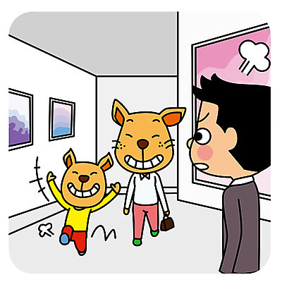 한마리 남자 일러스트 의인화 한명 성인 달리기 피해 예절 개 미술관 전시회 공공장소 매너 방치 국내일러스트 AI파일 1 포유류 모션 사람 전시 장소 파일형식 벡터