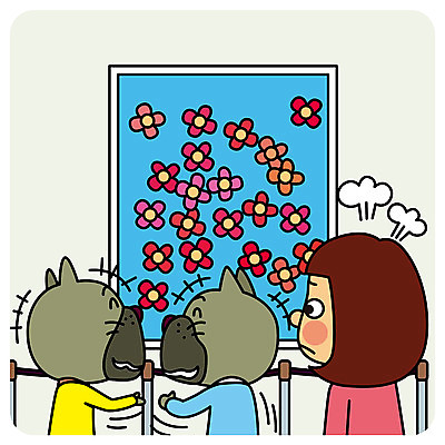 여자 두마리 일러스트 의인화 한명 성인 예절 개 전시회 시끄러움 수다 소음 공공장소 매너 국내일러스트 AI파일 1 2 포유류 대화 사람 소리 전시 장소 파일형식 벡터