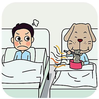 한마리 남자 일러스트 의인화 병원 한명 성인 환자 예절 라면 개 먹기 냄새 공공장소 매너 국내일러스트 AI파일 1 음식 포유류 의학 모션 사람 장소 면류 파일형식 벡터