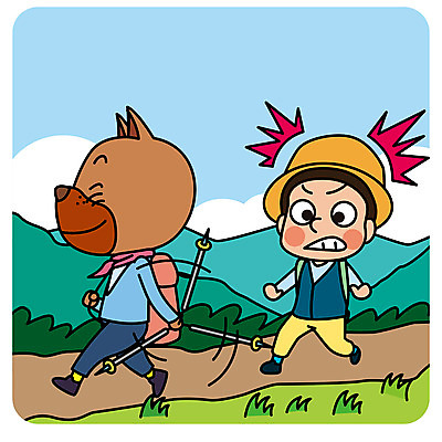 한마리 남자 일러스트 산 의인화 한명 성인 등산 예절 개 위험 공공장소 매너 등산스틱 휘두르기 국내일러스트 AI파일 1 컨셉 포유류 모션 사람 트래킹 장소 등산용품 파일형식 벡터