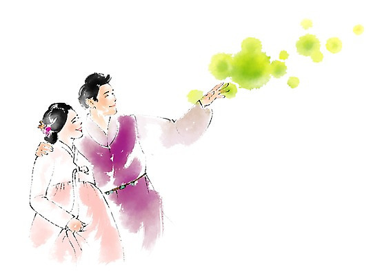 PSD 한국문화 한국전통 부부 여자 명절 남자 일러스트 캘리그라피 서기 상반신 성인 두명 한복 번짐 어깨에손 국내일러스트 동양문화 전통 커플 기념일 모션 한국 사람 전통의상 파일형식 효과