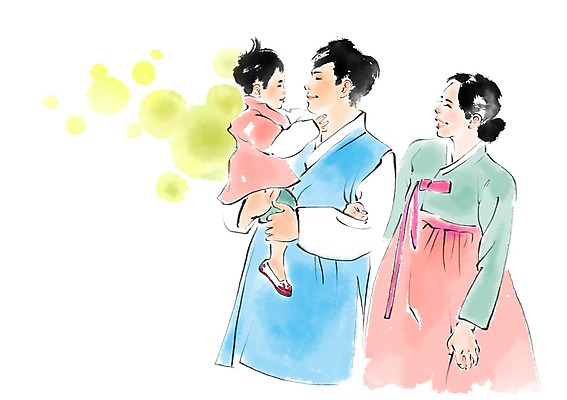 PSD 한국문화 한국전통 부부 여자 명절 남자 아들 일러스트 캘리그라피 가족 안기 서기 웃음 상반신 성인 세명 아기 한복 번짐 국내일러스트 동양문화 전통 커플 기념일 관계 모션 한국 표정 사람 전통의상 파일형식 효과