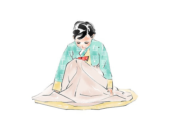 PSD 한국문화 한국전통 여자 명절 어린이 일러스트 캘리그라피 한명 앉기 상반신 한복 국내일러스트 1 동양문화 전통 기념일 모션 한국 사람 전통의상 파일형식