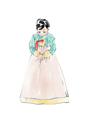 PSD 한국문화 한국전통 여자 명절 어린이 일러스트 캘리그라피 한명 서기 상반신 인사 한복 손모으기 국내일러스트 1 동양문화 전통 기념일 모션 한국 사람 손짓 예절 전통의상 파일형식