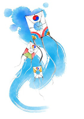 PSD 한국문화 한국전통 일러스트 캘리그라피 하늘 붓터치 전통소품 사람없음 번짐 방패연 국내일러스트 동양문화 전통 한국 연 오브젝트 파일형식 효과