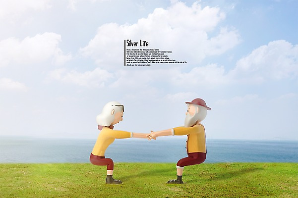 전신 PSD 편집이미지 여자 노년 남자 바다 요가 서기 두명 실버라이프 운동 3D 손잡기 디지털합성 편집3D 라이프스타일 웰빙 모션 건강 사람 성인 파일형식