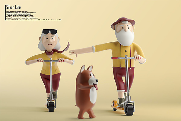 전신 PSD 편집이미지 한마리 커플 여자 노년 남자 두명 실버라이프 3D 강아지 디지털합성 반려 퀵보드 편집3D 1 라이프스타일 교통수단 관계 사람 성인 반려동물 개 파일형식