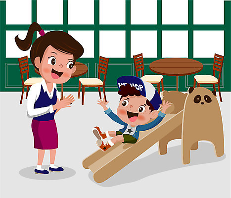 전신 여자 남자 어린이 의자 일러스트 탁자 서기 성인 두명 미끄럼틀 키즈카페 국내일러스트 AI파일 가구 모션 사람 카페 놀이기구 파일형식 벡터