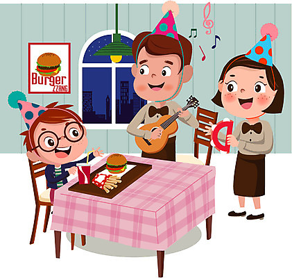 전신 여자 남자 어린이 일러스트 서기 앉기 상반신 성인 세명 햄버거 기타 축하 생일파티 생일 국내일러스트 AI파일 기념일 컨셉 모션 현악기 패스트푸드 사람 파일형식 벡터