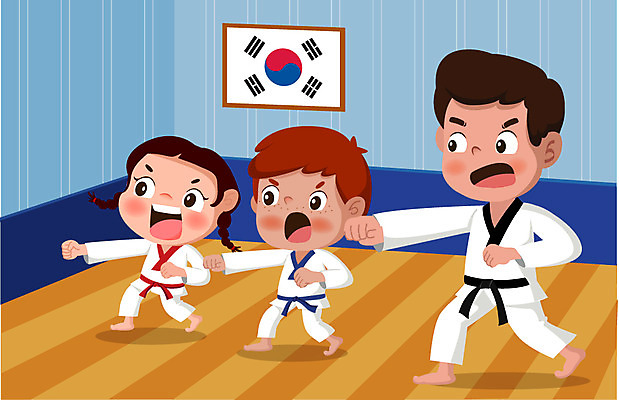전신 여자 남자 어린이 일러스트 도복 서기 성인 세명 태극기 태권도 국내일러스트 AI파일 옷 모션 사람 격투기 국기 파일형식 벡터