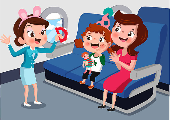 전신 여자 어린이 일러스트 비행기 앉기 성인 세명 고깔모자 머리띠 승무원 탬버린 기내 국내일러스트 AI파일 직업 모자_잡화 장신구 항공교통 모션 타악기 대중교통 사람 공공장소 파일형식 벡터