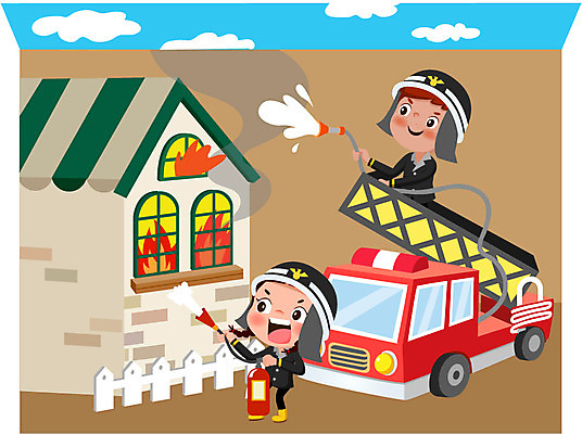 전신 여자 남자 어린이 일러스트 불 서기 두명 체험 소방관 화재 소방차 소화기 국내일러스트 AI파일 자연요소 컨셉 모션 자동차 사람 안전장비 구조원 소방 사건 파일형식 벡터