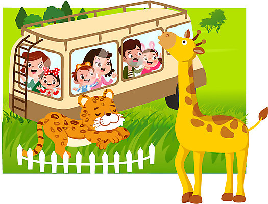 여자 남자 어린이 일러스트 자동차 버스 초원 여러명 상반신 성인 울타리 기린 사파리 치타 국내일러스트 AI파일 육상교통 다수 포유류 대중교통 사람 담장 파일형식 벡터