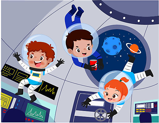 전신 여자 남자 어린이 일러스트 세명 우주 행성 우주비행사 체험 우주선 무중력 국내일러스트 AI파일 컨셉 사람 파일형식 벡터