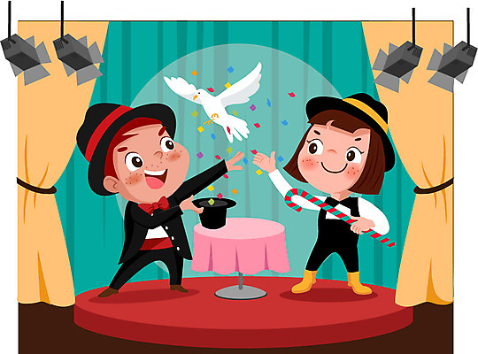 전신 여자 남자 어린이 일러스트 조명 서기 두명 마술 마술사 체험 비둘기 마술사모자 국내일러스트 AI파일 모자_잡화 컨셉 모션 조류 사람 파일형식 벡터