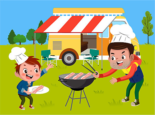 전신 남자 아들 어린이 일러스트 가족 요리 서기 성인 두명 캠핑 아빠 바비큐 즐거움 캠핑카 국내일러스트 AI파일 감정 음식 관계 모션 자동차 레저 사람 파일형식 벡터